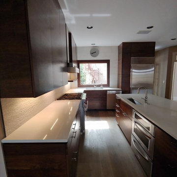 Walnut Kitchen Cabinetry & Waterfall Island w/ Flat Panels & Ebony Stain