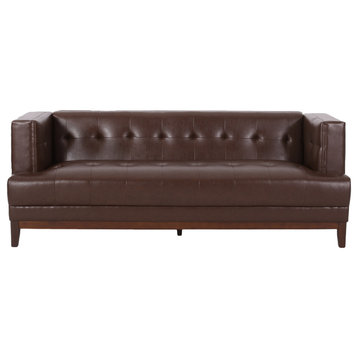 Stefan Mid Century Faux Leather Tufted 3 Seater Sofa, Dark Brown + Espresso
