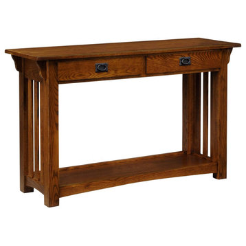 Classic Console Table, Mission Design With Slatted Sides & 2 Drawers, Medium Oak