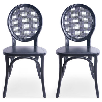 Lampman Elm Wood and Rattan Dining Chair, Set of 2, Matte Black