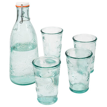 French Home Recycled Clear Glass, 1 qt Coastal Water Bottle and Set of Glasses