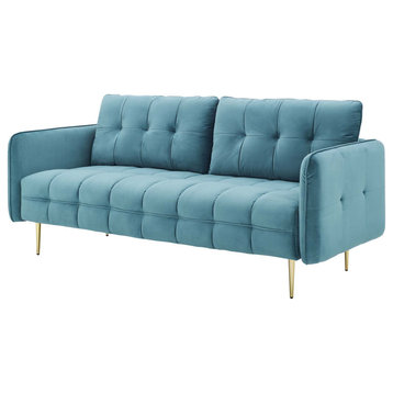 Tufted Sofa, Velvet, Blue, Modern, Living Lounge Room Hotel Lobby Hospitality