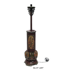 Chinese Tibetan Flower Red Yellow Round Base Floor Lamp - Floor Lamps