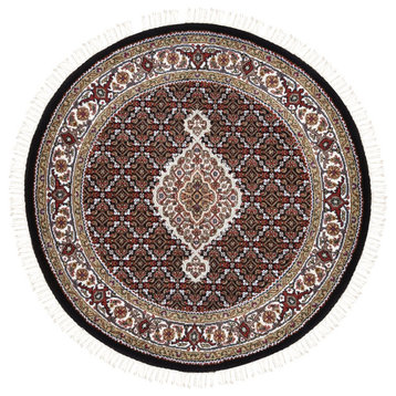 Black Tabriz Mahi Fish Medallion Design Wool-Silk Hand Knotted Rug, 4'2" x 4'2"