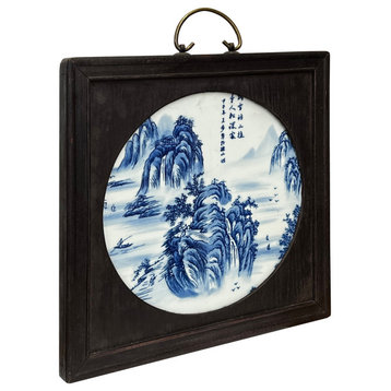 Chinese Wood Frame Porcelain Blue White Scenery Wall Plaque Panel Hws2860