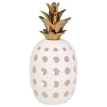 Ceramic 16" Lattice Weave Pineapple, White/Gold