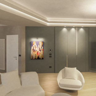 Modelo de distribuidor moderno, de tamaño medio, con paredes grises, suelo de madera clara, puerta simple, puerta blanca y suelo gris