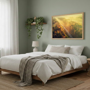 Sunrise Railroad Though Misty Forest Landscape Photo Biophilic Style Artwork