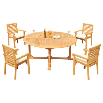 5-Piece Outdoor Teak Dining Set: 72" Round Table, 4 Hari Stacking Arm Chairs