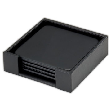 A1081 Classic Black Leather Square Coaster Set With Holder