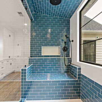 Incredible Blue & White Bath With Wall Bench & Steam Shower