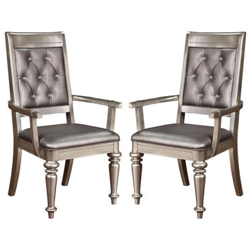 Set of 2 Arm Chairs with Tufted Back, Metallic Platinum