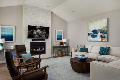 Inspiration for a large transitional open concept family room remodel in San Francisco with a wall-mounted tv