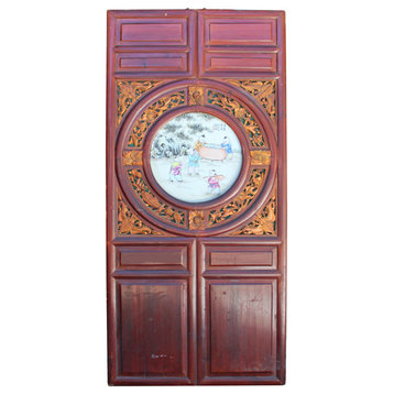 Consigned Chinese Vintage Round Porcelain Scenery Wood Wall Panel Art Hcs4239
