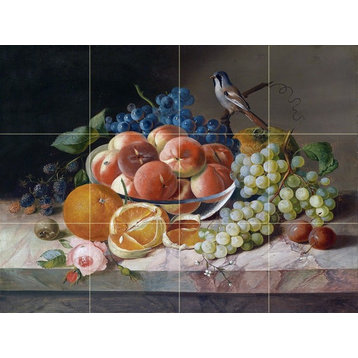 Tile Mural, Still Life With Bird and Fruit Blackberry Ceramic Glossy