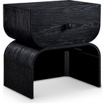 Meridian Furniture - Jace Oak Veneer Night Stand, Black - In the realm of modern design, the Jace black oak veneer nightstand strikes as a captivating masterpiece. Its sleek lines and curved silhouette create a captivating interplay of light and shadow. The spacious drawer provides ample storage for your essentials, such as adding a basket to put underneath for books and other small items. The unique design adds a touch of personality to your bedroom.