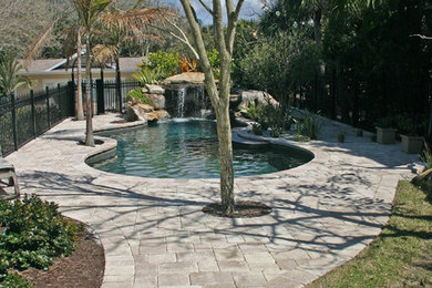 Photo of a mid-sized tropical backyard custom-shaped natural pool in Tampa with a water feature and brick pavers.