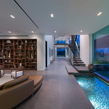Benedict Canyon Beverly Hills luxury home modern living room with indoor pond