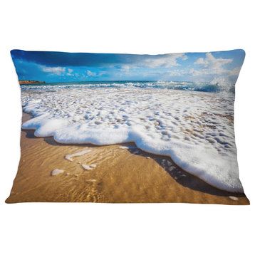 Foaming Ocean Waves on Sand Seascape Throw Pillow, 12"x20"