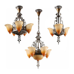 Marvelous Antique Art Deco Slip Shade Chandeliers by Lincoln, Original Polychrom - Chandeliers