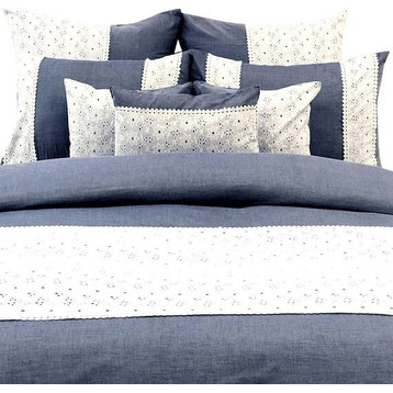Double Duvet Cover in Blue Chambray Cotton, Hakoba Lace Embroidery