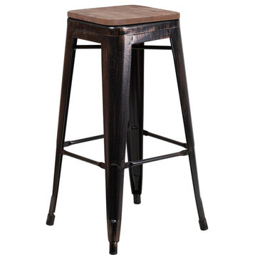 30" Backless Metal Barstool With Square Wood Seat, Black-Antique Gold