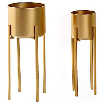 2 Gold Metal Planters with Stand Indoor Flower Pots Holders