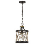 Trans Globe Lighting - Tahoe 10" Pendant - The Tahoe 10" Pendant is a standout fixture with an impressive design that also brings extensive lighting into a room. The drum shaped body is created with a pronounced Rubbed Oil Bronze frame that is easily distinguishable. The frame is set with interwoven golden wires that stand out against the dark metal trim. The middle of the fixture features a single downlight. The metal is finished in both Gold and Rubbed Oil Bronze to give contrast to the design.