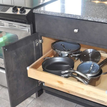 Kitchen Remodel in the Waves. Custom shelves add storage for large pots and pans