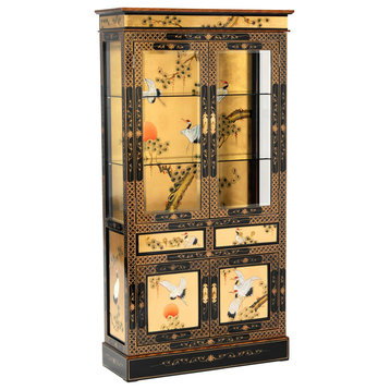 Classic Oriental China Cabinet, Chinese Lacquered Painting & Glass Cabinet Doors