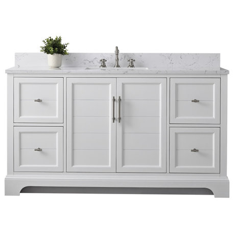 Vanity Art Bathroom Vanity With Sink & Top, White, 60", Engineered Marble