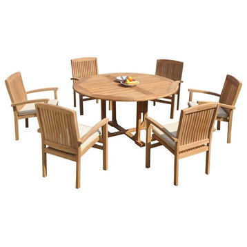 7-Piece Outdoor Teak Dining Set: 60" Round Table, 6 Wave Stacking Arm Chairs