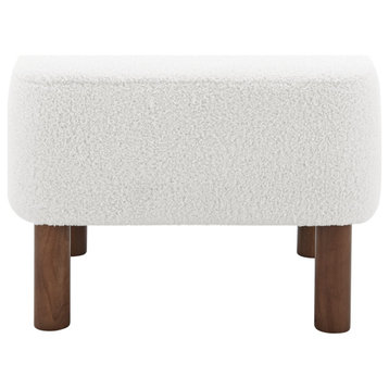 Beatrice Ottoman, White Fabric With Walnut Stained Wood Legs