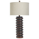 StyleCraft Home Collection - Ribbed Faux Wood Table Lamp with Custom Fabric Shade - A rustic table lamp with versatile appeal, this fixture has a banded frame featuring a dark teak finish. The matching dark teak finial stands out against the cream-colored fabric shade. Add nature-inspired style to a bedroom, living room, dining room, hallway, or office with this dark teak table lamp.