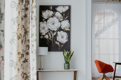 Inspiration for a large modern formal living room curtain in Gloucestershire with white walls, carpet and grey floors.