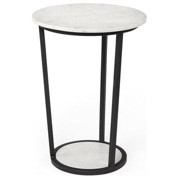 HomeRoots 18" Round White Marble Top Accent Table With Black Metal Frame
