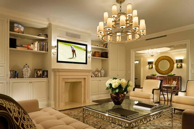 Inspiration for a large transitional formal open concept living room in New York with beige walls, dark hardwood floors, a standard fireplace, a plaster fireplace surround and a wall-mounted tv.