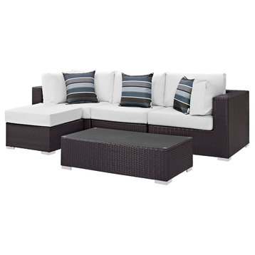 Modern Contemporary Outdoor Patio 5-Piece Sectional Sofa Set, White, Rattan