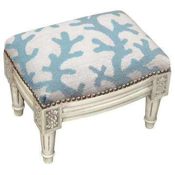 Coral Needlepoint Footstool, Blue
