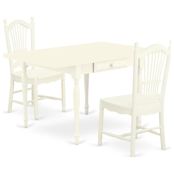 3-Piece Sets Table, 2 Chairs-Solid, Drop Leaf Table, Panel Back Chairs, White