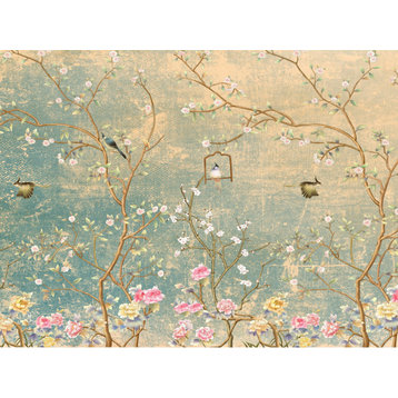 Chinoiserie Birds Beige Yellow Blue Wall Mural 142"x106"