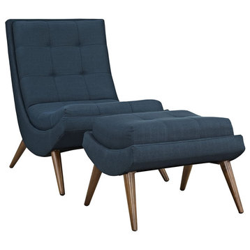 Contemporary Accent Chair With Footstool, Cherished Button Tufted Seat, Azure