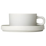 blomus - Pilar Tea Cups With Saucers, Set of 2, 6 oz, Moonbeam - Tea Cups with Saucers are functional for every occasion. Make the tea twice as tasty with this set of 2. The PILAR tea cup and saucer has what it takes to become a favorite accessory for tea lovers. Beautifully shaped yet humble enough to act as a discreet backdrop to the perfectly arranged meal. The new PILAR tableware collection was designed by Floz Design in Germany. Stoneware pieces include bowls, plates, mugs and serve ware. The full range comes in three matching colors: moonbeam, agave green and mirage gray. Start setting the table with your own unique color combinations. Outside of stoneware is matte. Inside serving area is glazed for design compliment and easy cleaning. PILAR stoneware is manufactured from clay, quartz and minerals such as calcite and is defined as a ceramic product. The stoneware is molded at very high temperatures using casting techniques. The high temperatures during the firing process make stoneware more stable than clay and less translucent than porcelain. Due to the heating and glazing processes of stoneware, these pieces may have slightly different attributes which can add to their beauty and uniqueness.