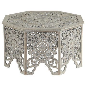 Eclectic Coffee Table, Octagonal Design With Unique Carving Details, Light Gray