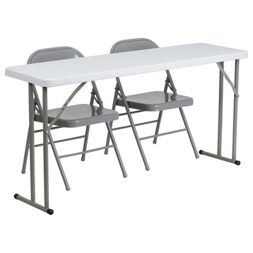 18"x60" Plastic Folding Training Table Set With 2 Gray Metal Folding Chairs