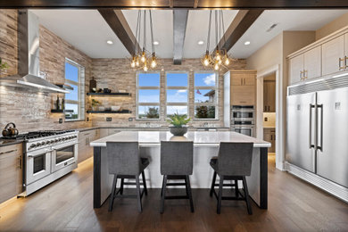 Inspiration for a large transitional l-shaped medium tone wood floor, exposed beam and brown floor kitchen remodel in Other with an undermount sink, flat-panel cabinets, light wood cabinets, quartzite countertops, multicolored backsplash, subway tile backsplash, stainless steel appliances, an island and white countertops