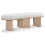 Meridian Furniture - Wilshire Boucle Fabric Upholstered Bench, Cream, Natural Oak Finish - Immerse your entryway, living room, or bedroom in elegance with our stunning cream Wilshire boucle fabric bench. The rich solid wood natural oak finish triple-columnar base not only offers stability but also adds a touch of warmth to the bench's art deco design. Sink into the plushness of this bench, inviting you to relax in comfort and style. Place this pretty bench wherever you need extra seating - it's an ideal blend of form and function.