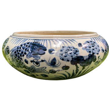 Bowl Fish Shallow Blue White Ceramic Handmade Hand-Crafte