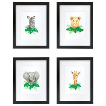 "Safari Littles" Set of Four Framed Prints With Mat, Black, 11x14