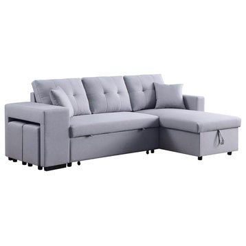 Dennis Linen Reversible Sleeper Sectional Storage Chaise With Stools, Light Gray